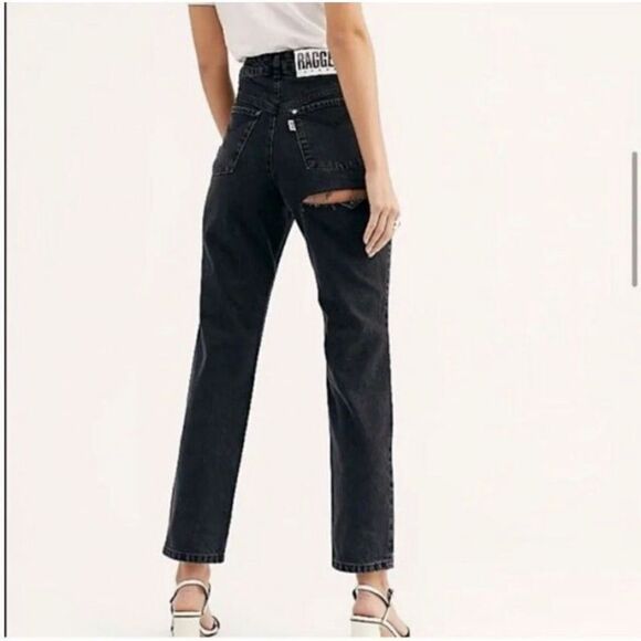 Free People Ragged Priest black destroyed straight size 32 jeans - Picture 2 of 6